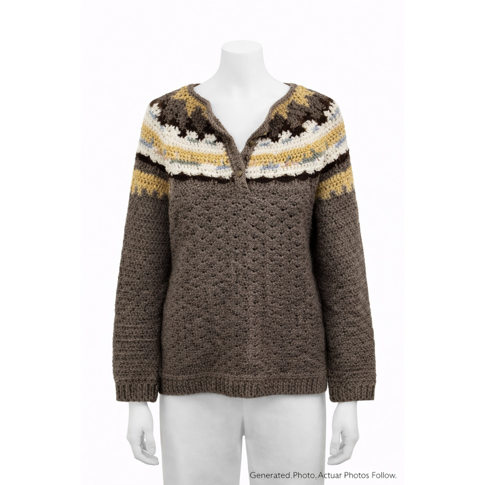 Handmade Crochet Boho Sweater Pullover Brown Multi Retro Yoke Cozy M